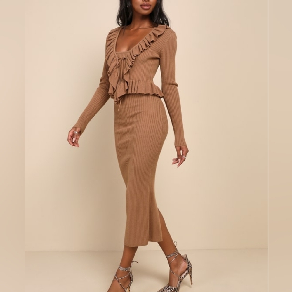 Lulu's Lovely Duo Brown Ribbed Knit Two-Piece Midi Sweater Dress